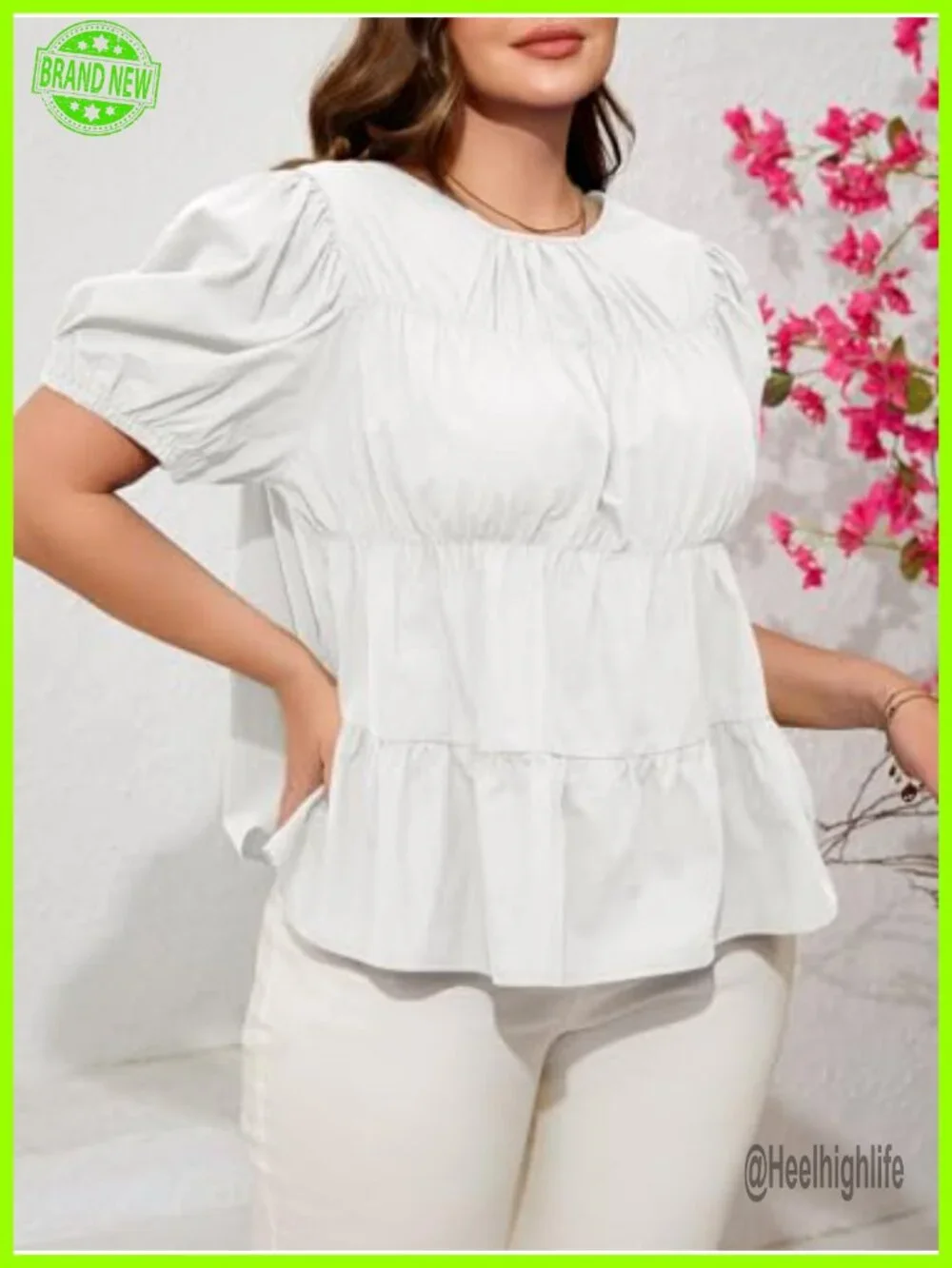 Womens Plus Size 100% Cotton Puff Sleeve Peplum Babydoll Top